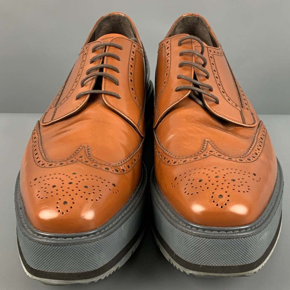 PRADA Tan Perforated Leather Wingtip Lace Up Shoes - Picture 4 of 8